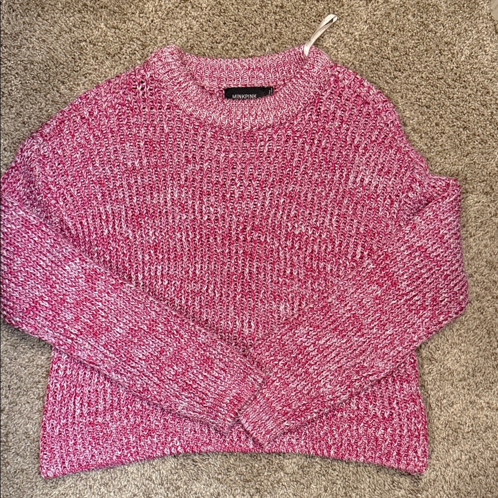 MINKPINK Women's Pink and White Crew Neck Sweater